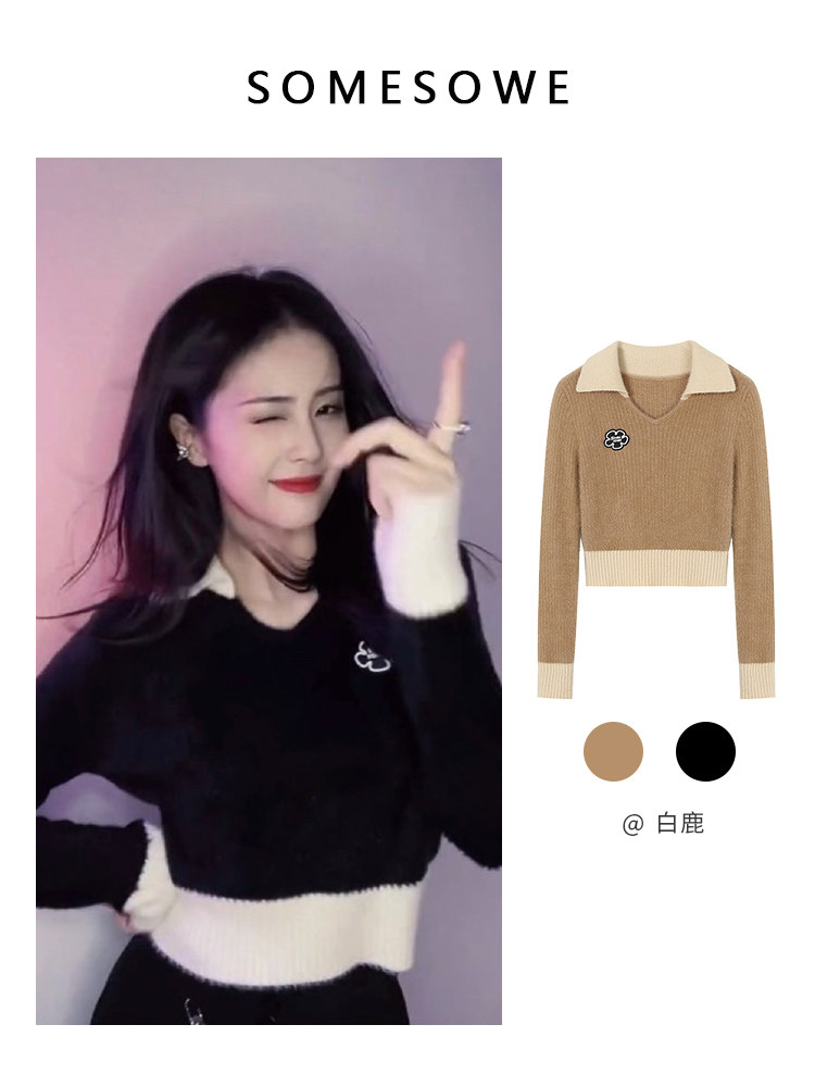 somesowe白鹿同款拼色polo领短上衣 playlounge毛针织衫