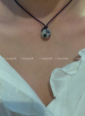 ouswa原创-抱球小熊 转运珠 纯手绘手工可调节锁骨链项链毛衣链