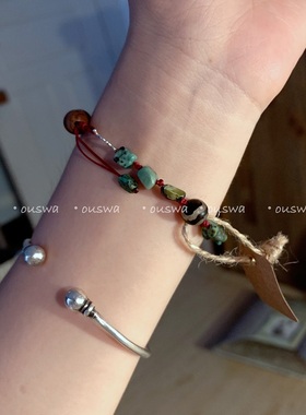 ouswa原创-喀纳斯湖，手作复古风藏式绿松纯银小众串珠手链手串