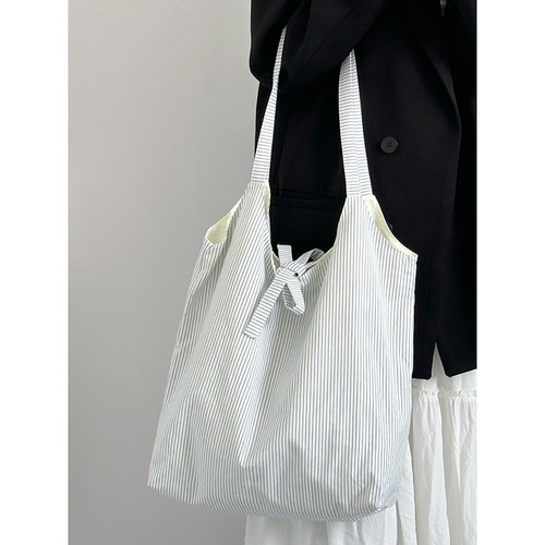 ins风条纹手提帆布托特包女新款2026小众设计大容量腋下单肩包包 - 图0