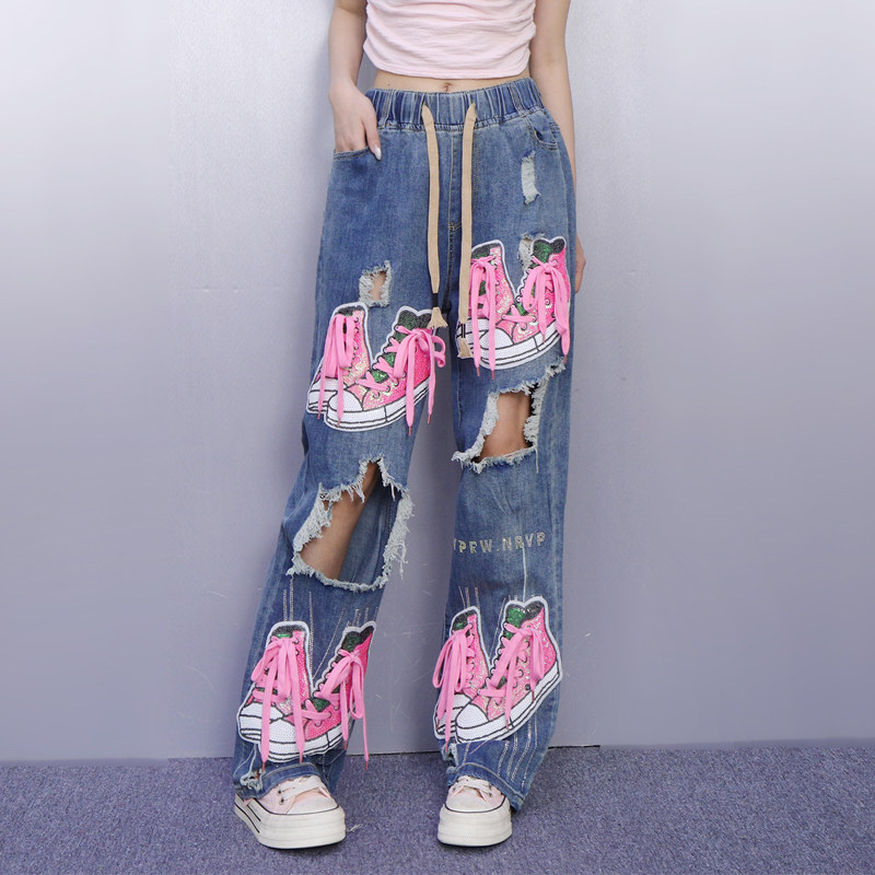 设计感2025秋新款女破洞牛仔裤宽松亮片绣花扎带长裤时尚显瘦休闲,淘宝优惠券,粉丝福利购,淘宝优惠卷
