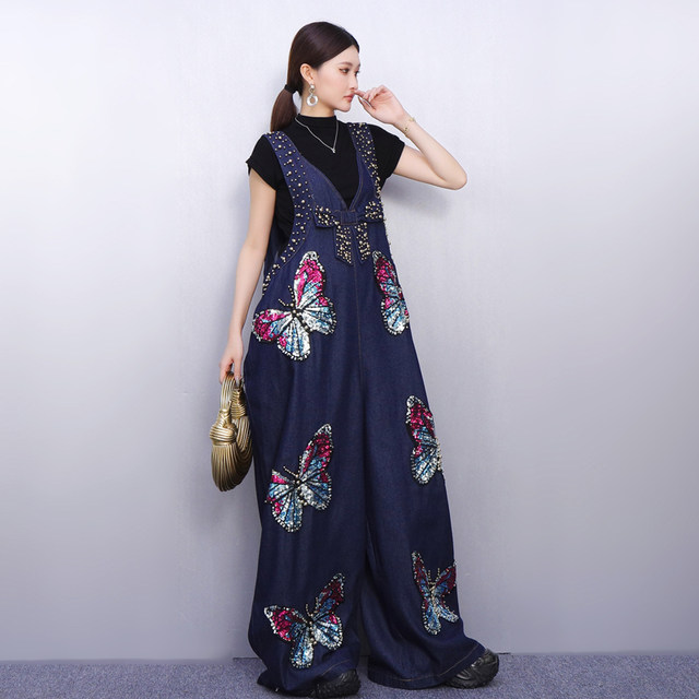 Butterfly heavy industry embroidered jumpsuit denim ເປັນຄົນອັບເດດ: ແລະ slimming
