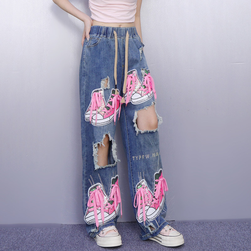 设计感2025秋新款女破洞牛仔裤宽松亮片绣花扎带长裤时尚显瘦休闲,淘宝优惠券,粉丝福利购,淘宝优惠卷