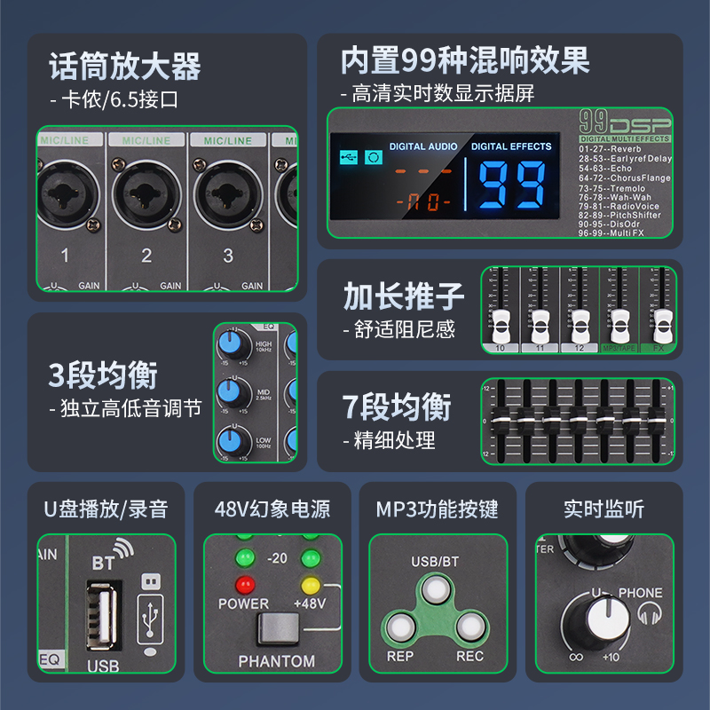 专业8路调音台小型99种数字混响效果器KTV家庭会议演出录音混音台-图2