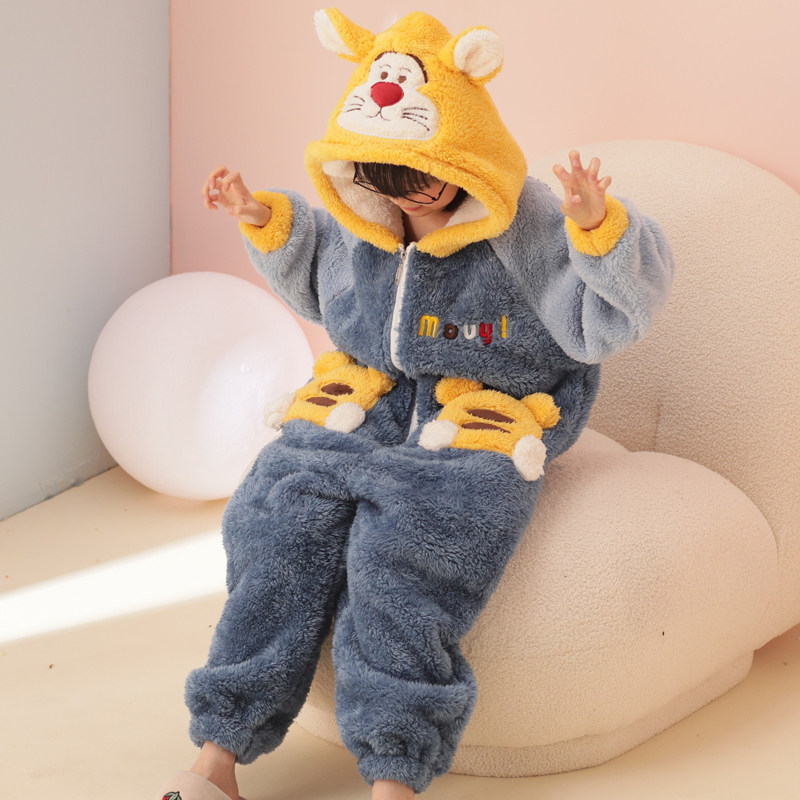 加绒珊瑚绒女童秋冬季连体防踢睡衣 珊妤睡衣/家居服套装