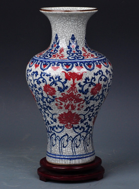 仿古手绘景德镇陶瓷青花红色冰裂官窑花瓶新中式插花客厅家居摆件