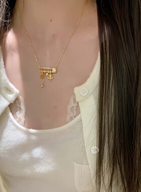 中古拉丝鸢尾花星芒别针吊坠项链