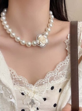 法式复古立体山茶花珍珠项链女
