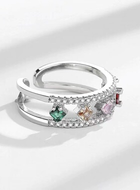 欧美潮流时尚小清新简约彩虹色戒指网红个性锆石指环百搭轻奢戒子