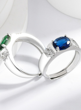 欧美跨境镀白k璀璨超闪绅士彩宝开口感男士椭圆镶指