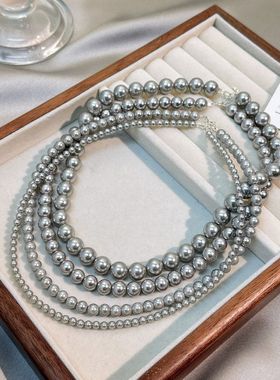 项链女 日韩风施家S925银珍珠项链麻灰色新款小众设计颈链配饰