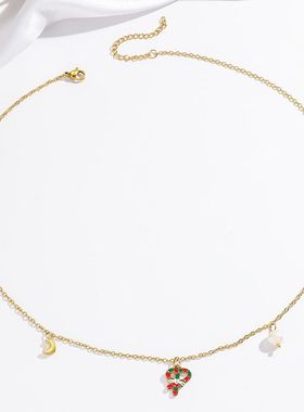 项链女 跨境圣诞款爱心淡水珍珠月亮新款设计感月亮气质钛钢项链