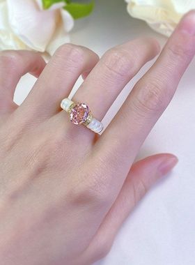 辉之翼珠宝 直播款S925银白贝母镶嵌7*9帕帕拉恰高碳钻冰花切戒指