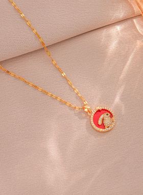 项链女镶钻红色小众设计兔子锆石生肖兔吊坠项饰时尚饰品钛钢项链