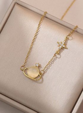 项链女 新款韩版时尚猫眼石地球吊坠钛钢项链ins网红同款锁骨链