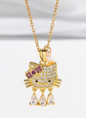 项链女淡水珍珠网红跨境猫咪小众新款设计感吊坠气质饰品钛钢项链