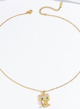 项链女网红猫咪粉色锆石小众卡通新款设计感吊坠气质满钻钛钢项链