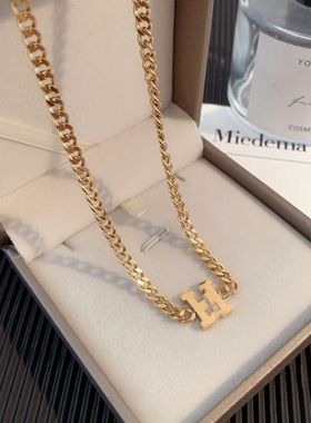 钛钢项链女 小众设计感H字母镀18K金颈链INS网红时尚锁骨链饰品