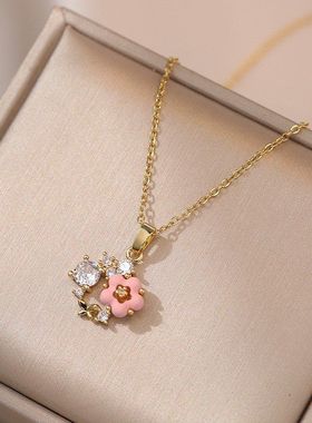 项链女网红心花怒放锆石花朵小众时尚新款设计感吊坠气质钛钢项链