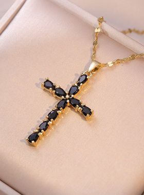 项链女网红彩色锆石几何小众时尚新款设计感吊坠气质套装钛钢项链