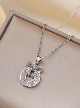 项链女 网红蝴蝶结锆石几何小众时尚新款设计感吊坠气质钛钢项链