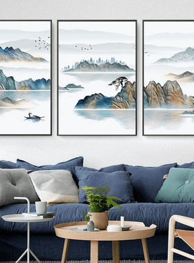 客厅装饰画中国风山水三联画