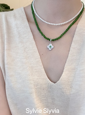 夏季新中式显白绿玉髓珍珠项链银