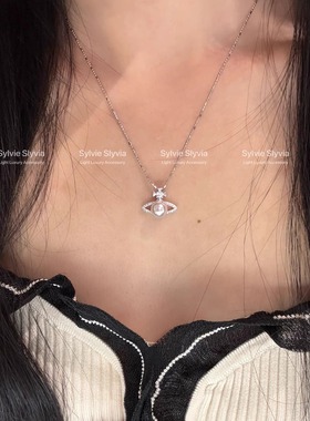 s925银土星珍珠吊坠气质锁骨项链