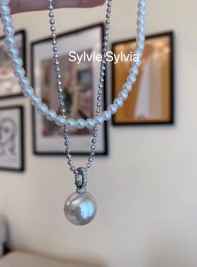 澳白大珍珠吊坠项链银长款毛衣链