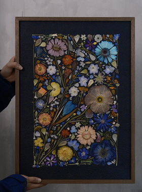 《桃子与克莱因蓝》现货纯手工制作花卉标本画框42*60cm装饰画