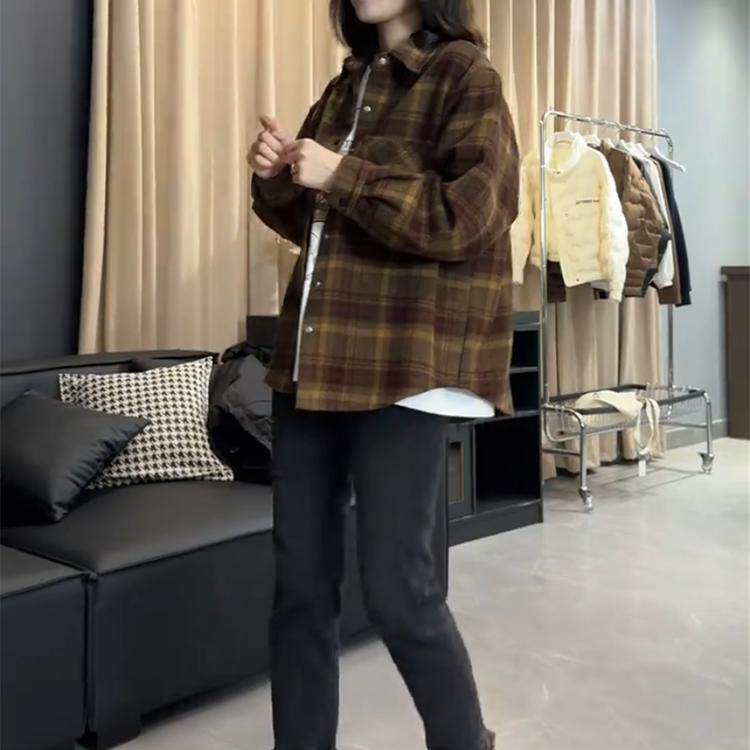 高级感磨毛格子衬衫加厚外套女2025秋新款超好看休闲欧货衬衣上衣