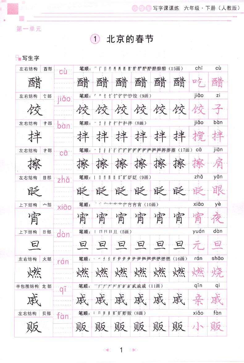 小学写字课课练庞中华楷书字帖小学生六年级下册人教版钢笔硬笔书法临摹描红小学6年级练字训练册庞中华钢笔字帖