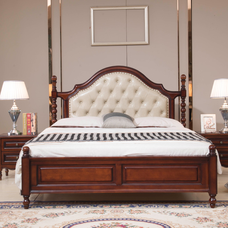 美式实木床1.8米全实木双人床家具美式真皮床欧式大床