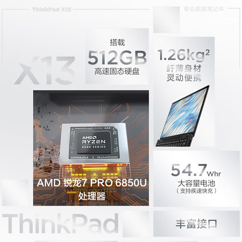 【便携商旅】联想ThinkPad X13锐龙R7 16G 512G  13.3英寸轻薄商务手提学生白领轻生活笔记本电脑官方旗舰店 - 图0