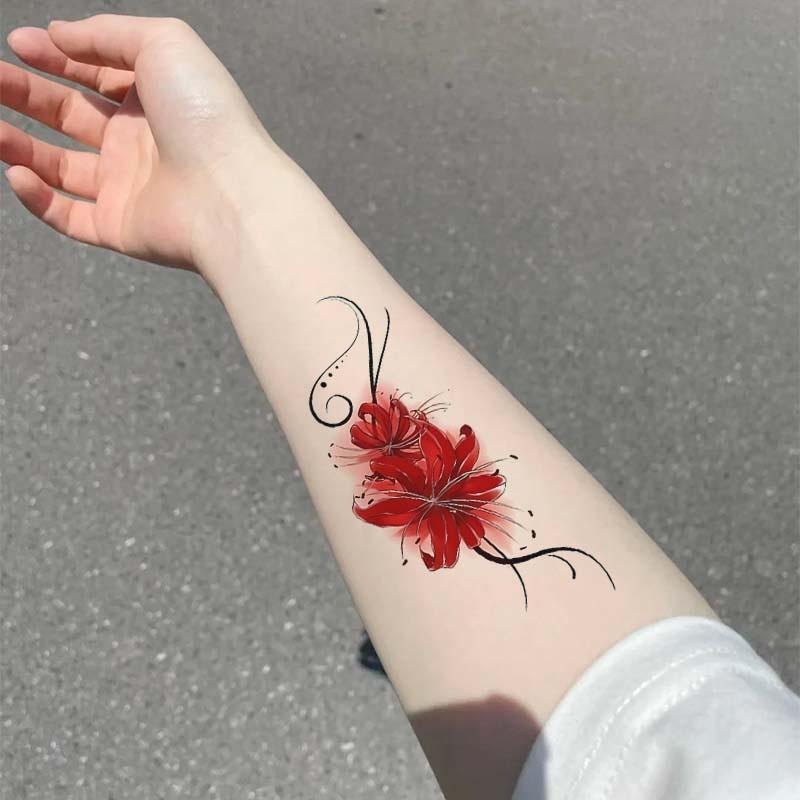 彩色彼岸花纹身贴锁骨手臂遮挡疤痕性感魅惑高级感半永久防水女 - 图2
