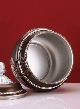 藏式风八吉祥合金糌粑盒款雕刻红银双色果盘收纳罐圆罐款家用摆件