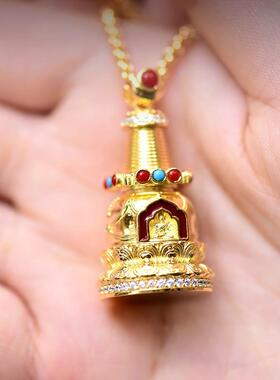 S925纯银镀金佛塔嘎乌盒吊坠藏式民族风空心可打开项链配饰挂件