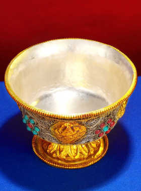 供水碗尼泊尔手工掐丝纯铜供水杯宝石镶嵌家用七供碗七供杯10cm