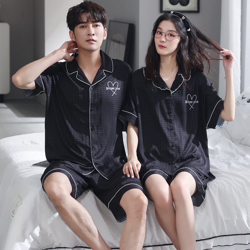 情侣夏季冰丝开衫短袖男士仿真睡衣 舒适日记睡衣/家居服套装