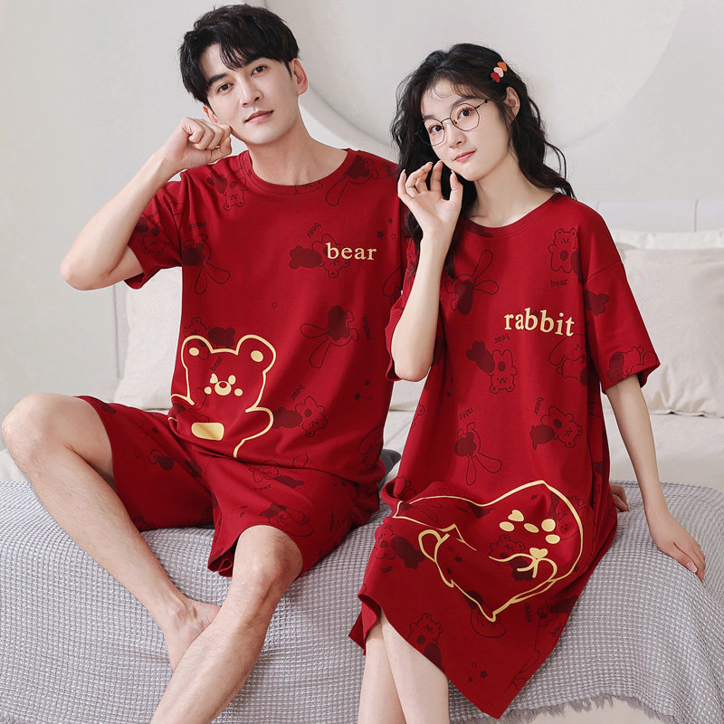 2套价红色情侣女夏短袖纯棉睡裙 舒适日记睡衣/家居服套装