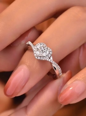 S925纯银莫桑石戒指爱心钻戒围镶桃心型少女时尚轻奢扭臂交叉戒指