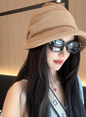 秋冬新款三帽合一麂皮绒渔夫帽子女素颜百搭显脸小堆堆帽时尚盆帽