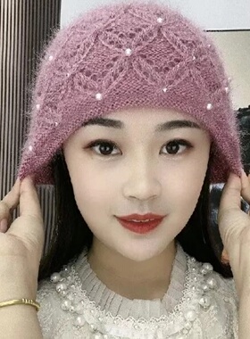手工双层保暖针织帽时尚珍珠头套护耳包头帽堆堆帽妈妈冬季帽子女