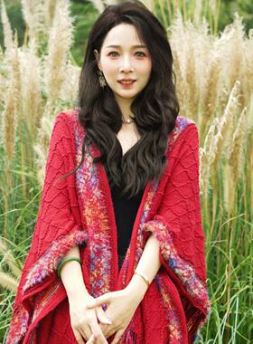 民族风披肩外搭大理丽江旅游斗篷拍照围巾女云南青海草原连帽披风