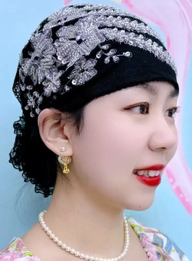 洋气百搭新款凤尾花盘花帽妈妈时尚头巾束发帽遮白发蕾丝包头帽女