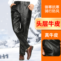 Real Leather Pants Mens Head Layer Cow Leather Warm Locomotive Leather Pants Motorcycle Pants Men Outdoor Riding High Waist Windproof