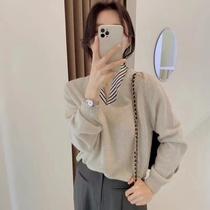 Big code Korean version fake two long sleeves Knitted Sweatshirt Woman Autumn Winter Fat Mm Veil skinny sweatshirt Jersey Undershirt