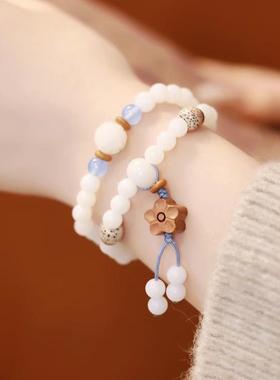 2026《白夜蓝星》天然白玉菩提双圈手串新中式国风首饰女士款七夕