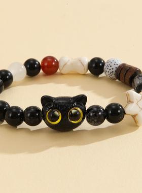 2026天然黑檀呆萌小黑猫手串男女情侣款檀木手链复古文玩佛珠饰品