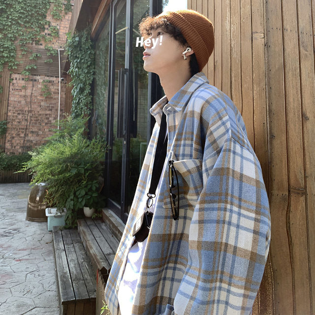 Spring and autumn plaid shirt boys jacket loose young students Korean version of trendy handsome long -sleeved shirt top